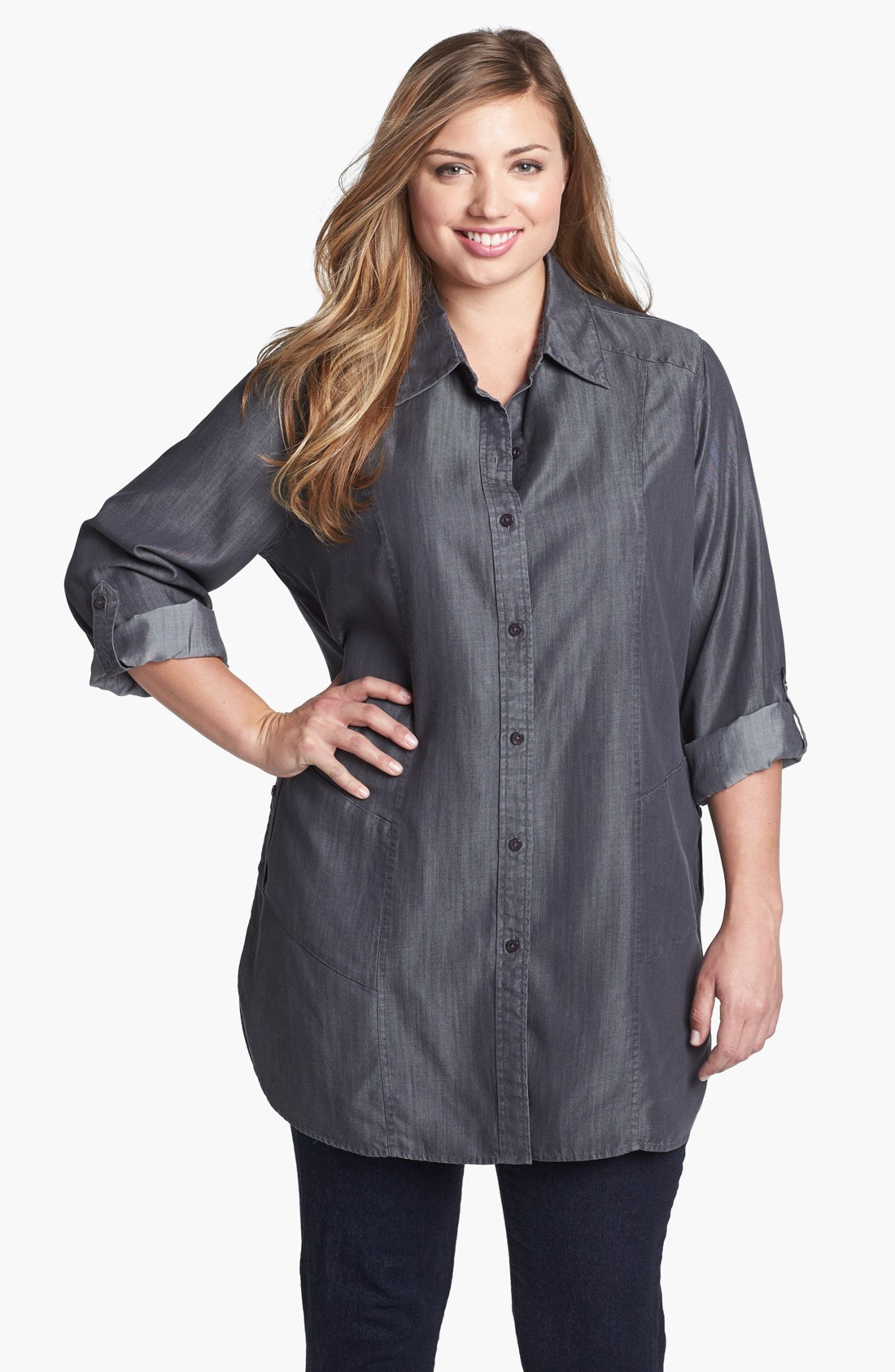 Foxcroft Chambray Shaped Shirt (Plus Size) | Nordstrom