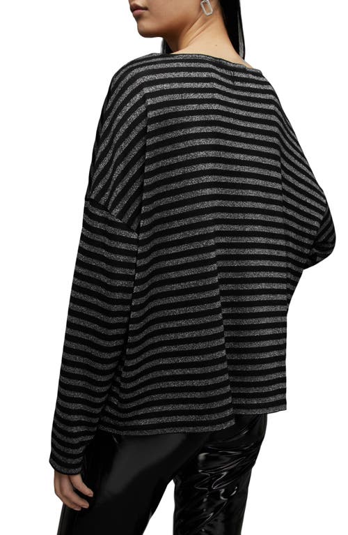 Allsaints Rita Stripe Long Sleeve Boat Neck T-shirt In Black Shimmer