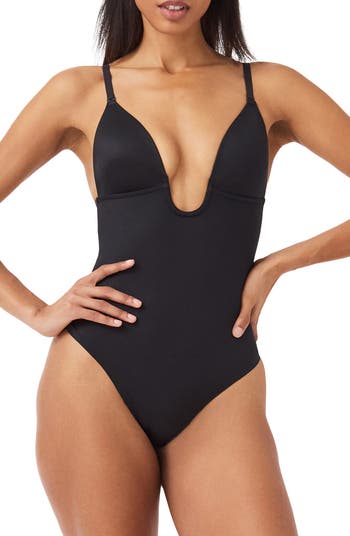 Plunge Low Back Thong Bodysuit, Cinched