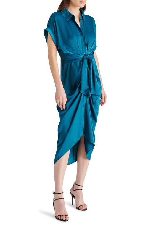 Shop Steve Madden Tori Tie Waist Satin Midi Shirtdress In Midnight Teal