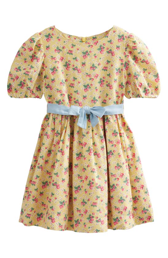 Mini Boden Kids' Retro Print Puff Sleeve Linen & Cotton Dress In Buttercup Strawberry Ditsy