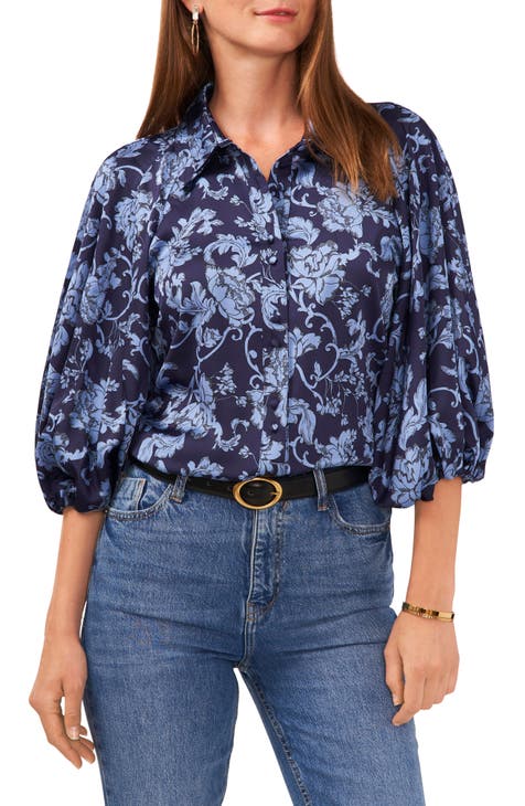 Floral Balloon Sleeve Button-Up Top