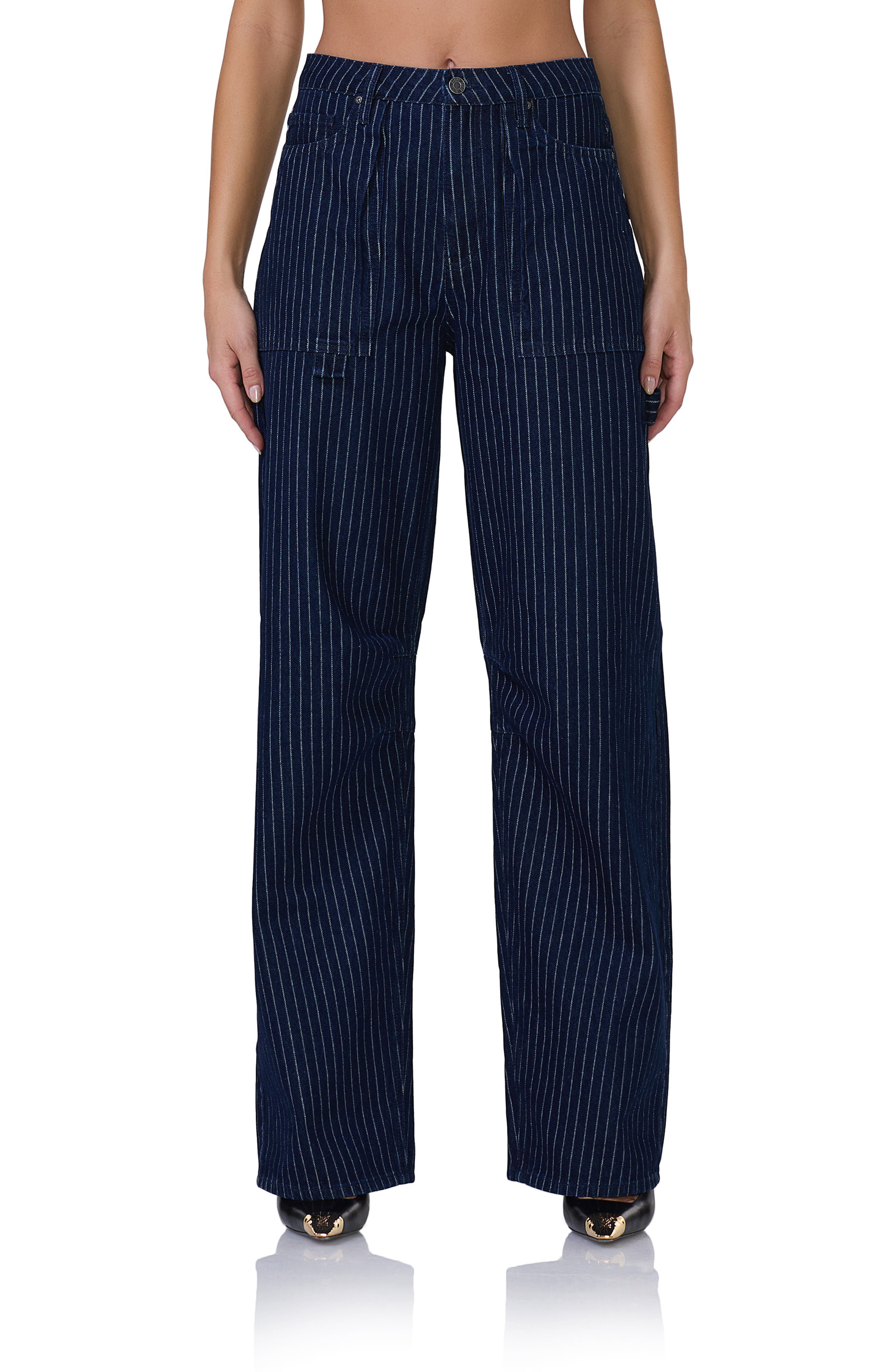 AFRM Rhett Pinstripe Wide Leg Carpenter Jeans in Dark Wash Cover