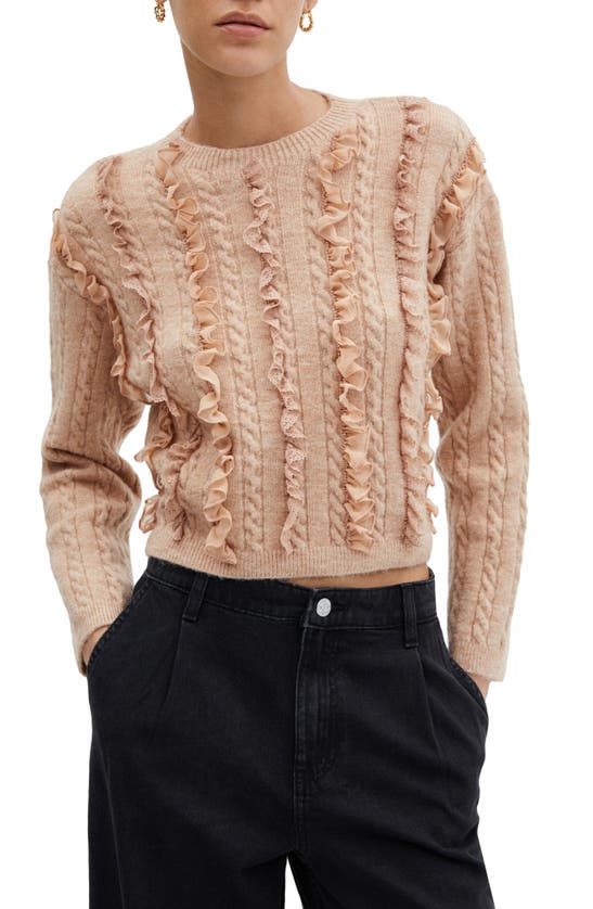 Shop Mango Ruffle Crop Cable Sweater In Pink