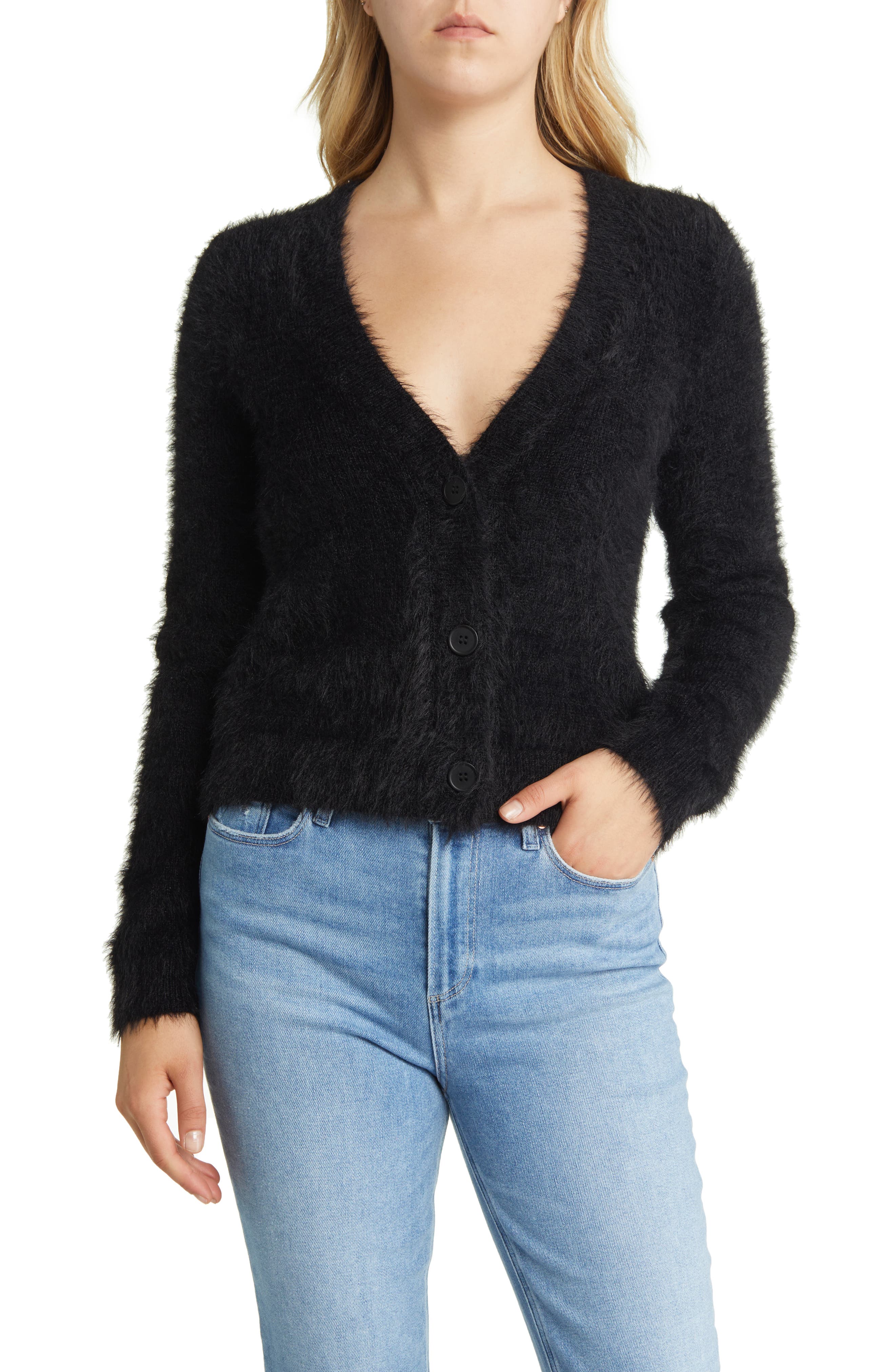 Halogen® Fuzzy Deep V-Neck Cardigan 