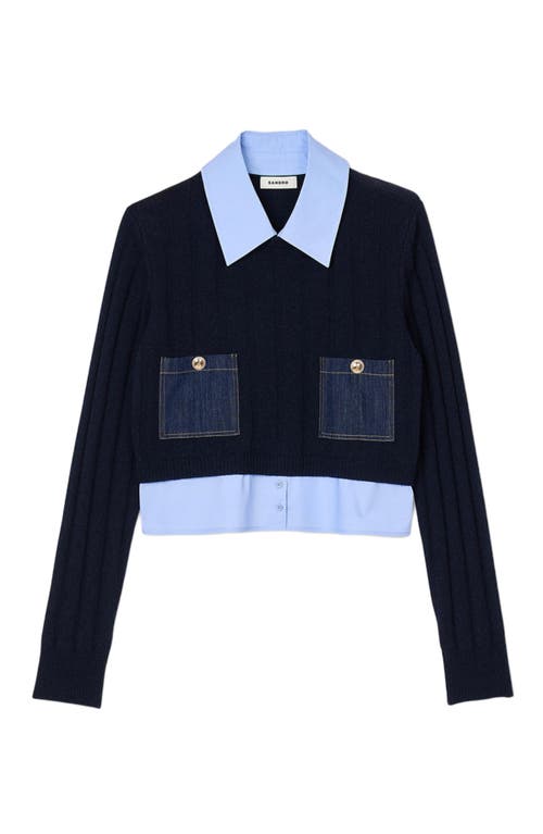 Shop Sandro Cropped Wool And Cashmere Sweater In Navy Blue