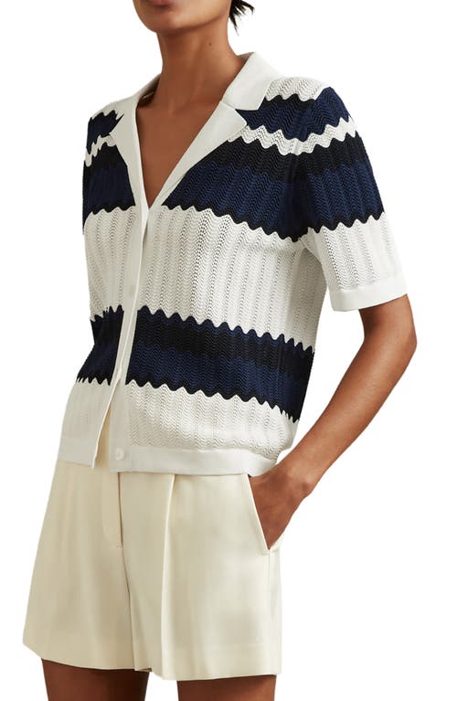 Shop Reiss Alba Stripe Button-up Polo Sweater In Navy/white