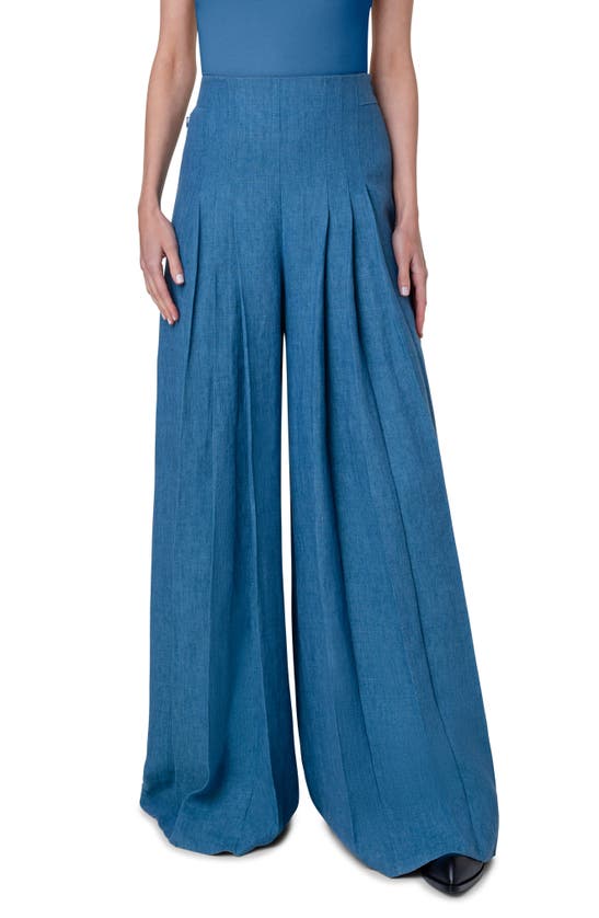 Akris Miyuki Wide Leg Pleated Linen Gabardine Pants In Medium Denim