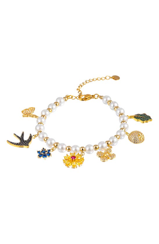 Shop Eye Candy Los Angeles Anna Cz & Imitation Pearl Charm Bracelet In Gold