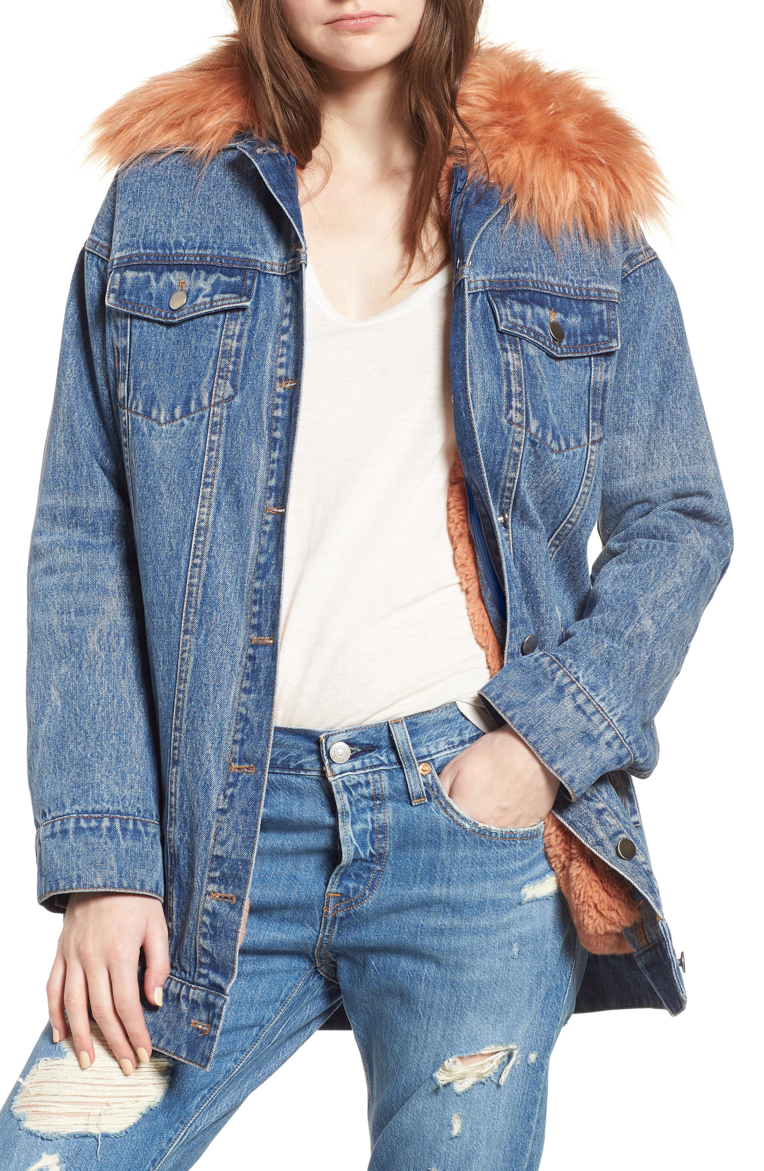avec les filles faux fur trim denim parka