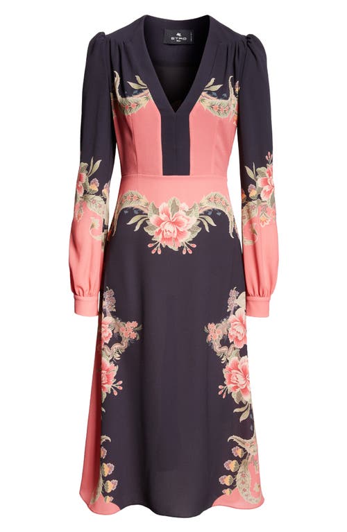 Shop Etro Placed Print Long Sleeve Stretch Crepe Dress In Navy/pink