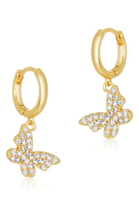 14K Gold Plated Pave Butterfly Drop Huggie Earrings