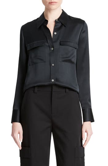 Shop Vince Chest Pocket Satin Shirt In Black