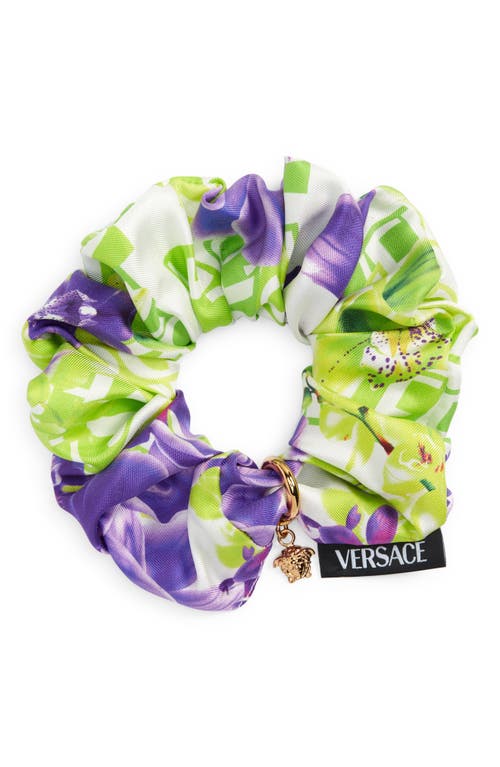 Versace Orchid Print Silk Scrunchie in White/Green