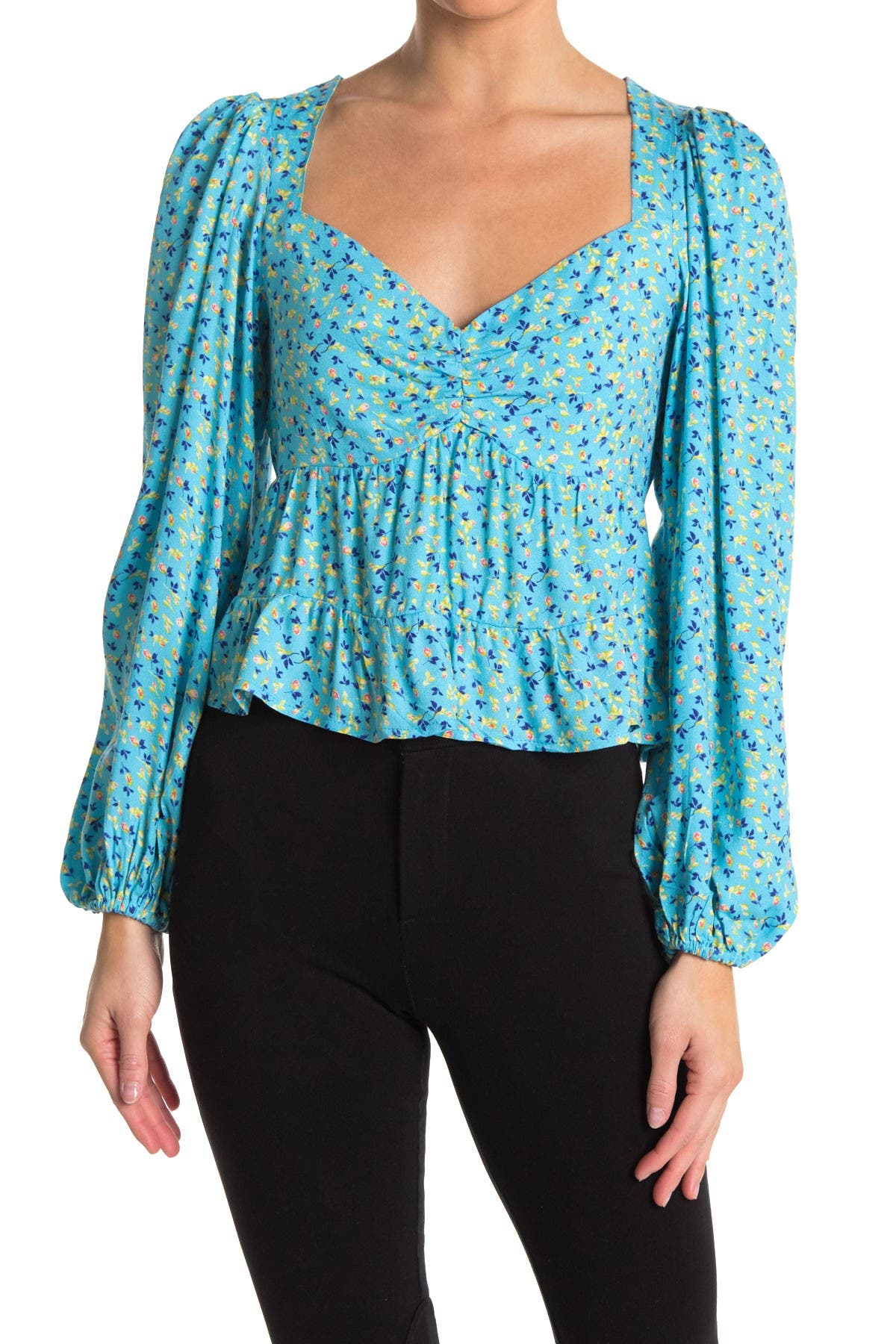 Afrm Soni Ruched Balloon Sleeve Crop Top In Bright Blue