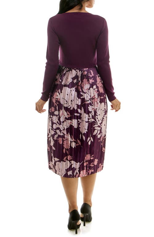 Nina Leonard Long Sleeve Mixed Media Dress In Plum Multi