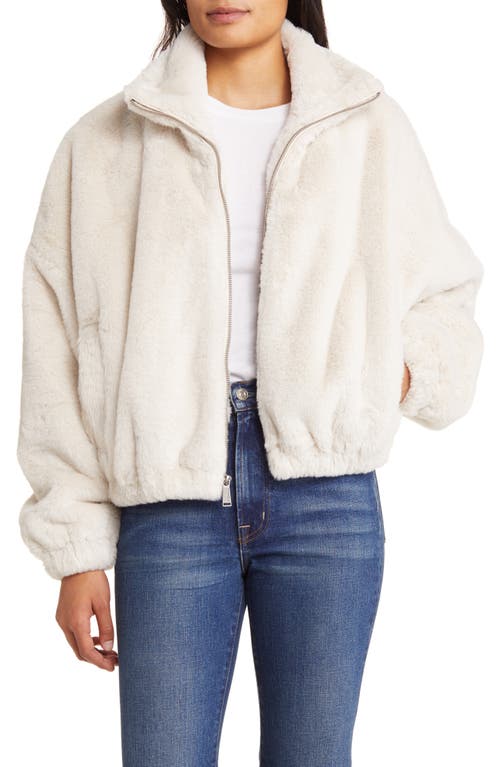 Stand Collar Faux Fur Bomber Jacket in Ecru