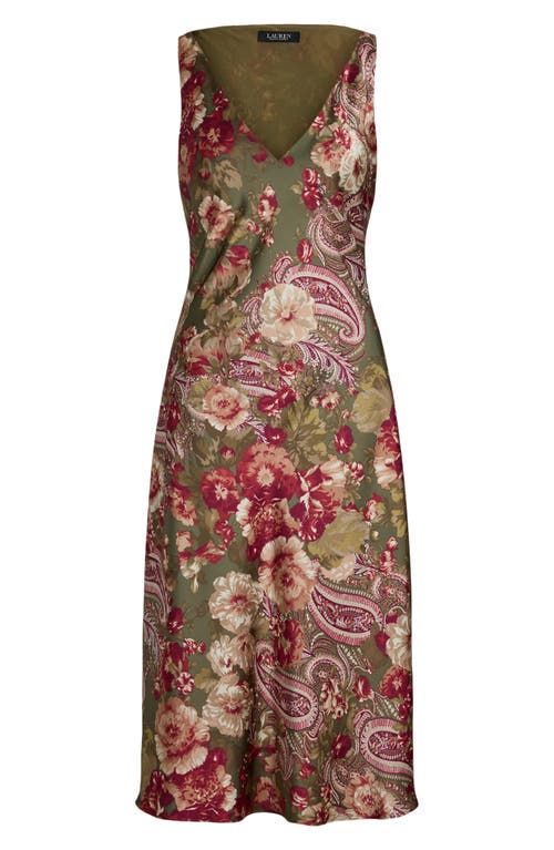 Shop Lauren Ralph Lauren Floral Sleeveless Charmeuse Dress In Olive Multi