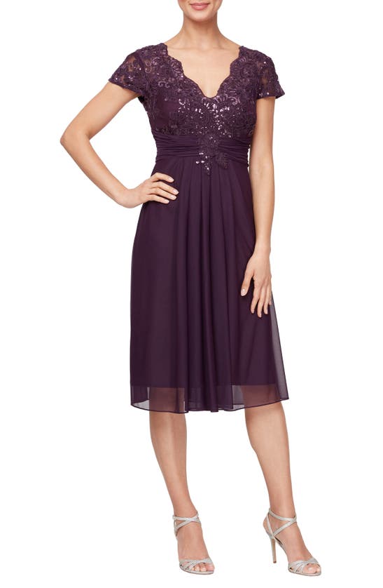 Alex Evenings Sequin Embroidery Empire Cocktail Dress In Eggplant