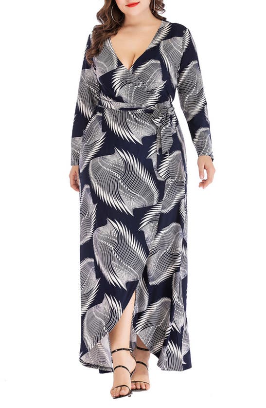 Kaimilan Long Sleeve Wrap Maxi Dress In Blue And White | ModeSens
