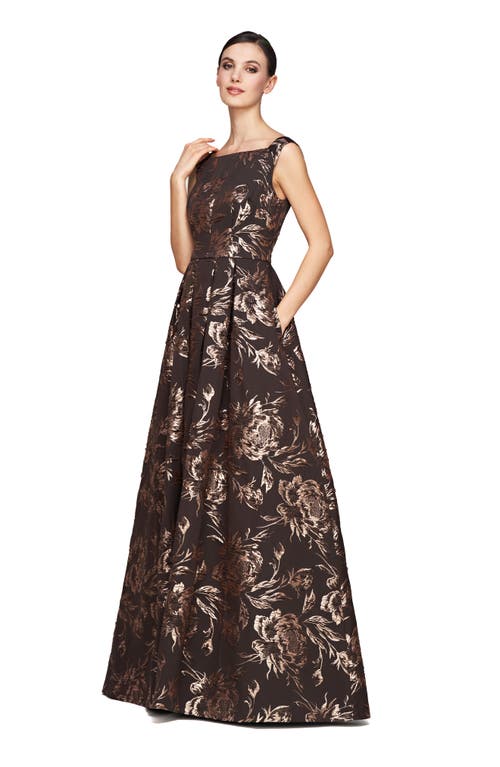 Kay Unger Theodora Metallic Floral Sleeveless Gown In Espresso