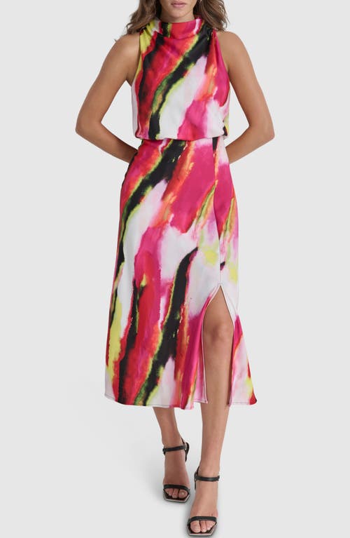 DKNY Abstract Print Sleeveless Satin Dress in Multi Geode 