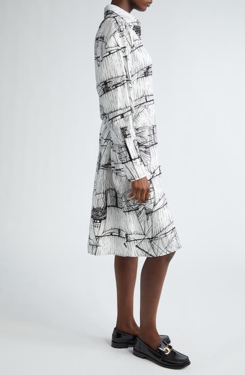 Shop Ferragamo Sailboat Print Long Sleeve Silk Shirtdress In White/nero