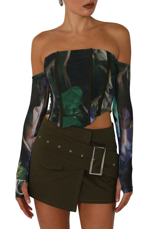 BY. DYLN Cleo Abstract Print Long Sleeve Mesh Corset in Green Print