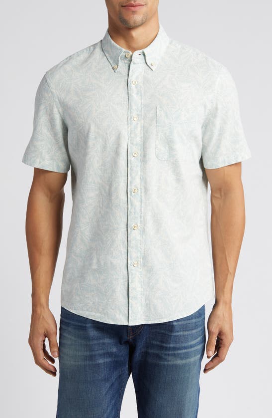 Shop Faherty Breeze Short Sleeve Button-down Shirt In Teal Jungle Leaf Print