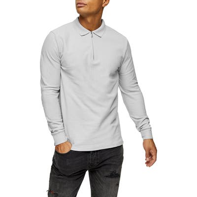 Topman Long Sleeve Pique Zip Polo, Grey