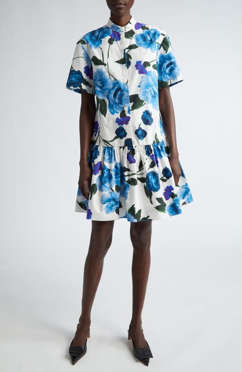 Shop Erdem Brushed Floral Drop Waist Mini Shirtdress In White Blue