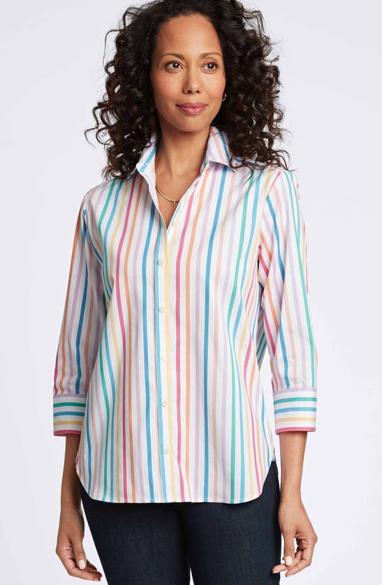 Shop Foxcroft Meghan Rainbow Stripe Button-up Shirt In White Multi Stripe