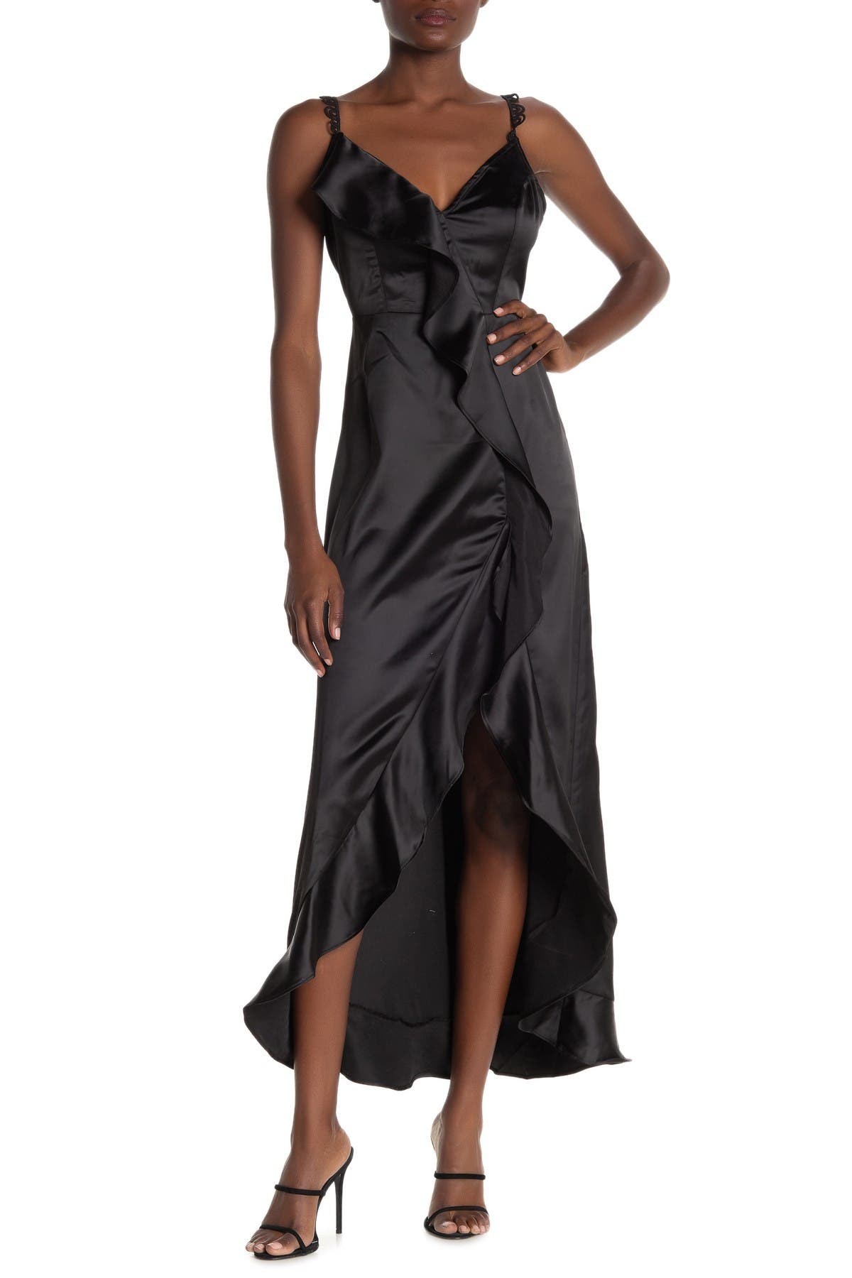 ruffle satin maxi dress