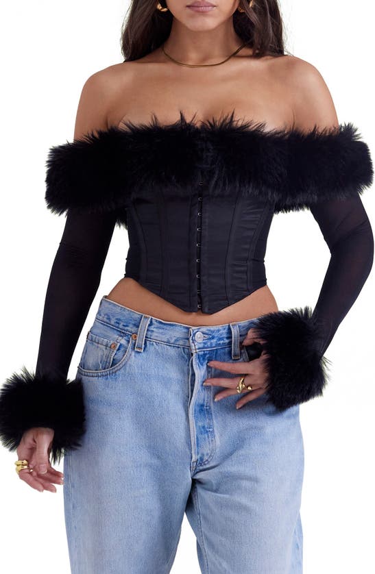 House Of Cb Merle Faux Fur Off The Shoulder Crop Corset In Black