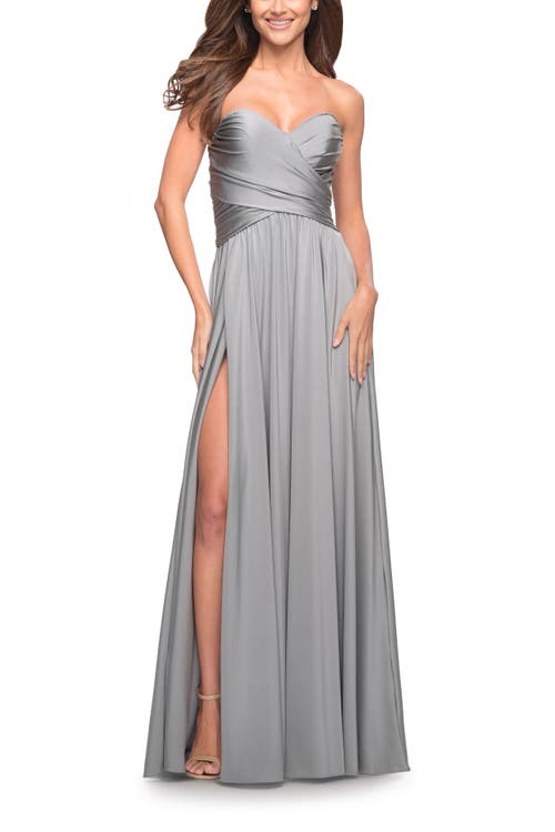 Shop La Femme Simple Strapless Jersey Dress With High Slit In Silver