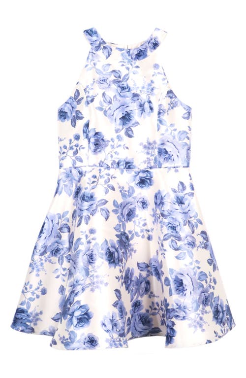 Zunie Kids' Floral Fit & Flare Party Dress In Blue/ivory