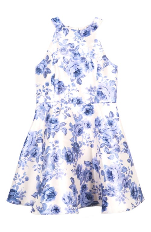 Shop Zunie Kids' Floral Fit & Flare Party Dress In Blue/ivory