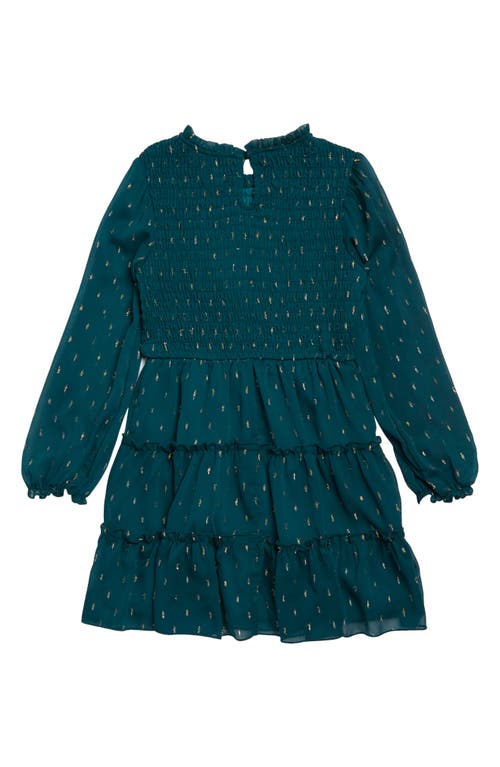 Shop Zunie Kids' Metallic Dot Long Sleeve Tiered Dress In Emerald/gold