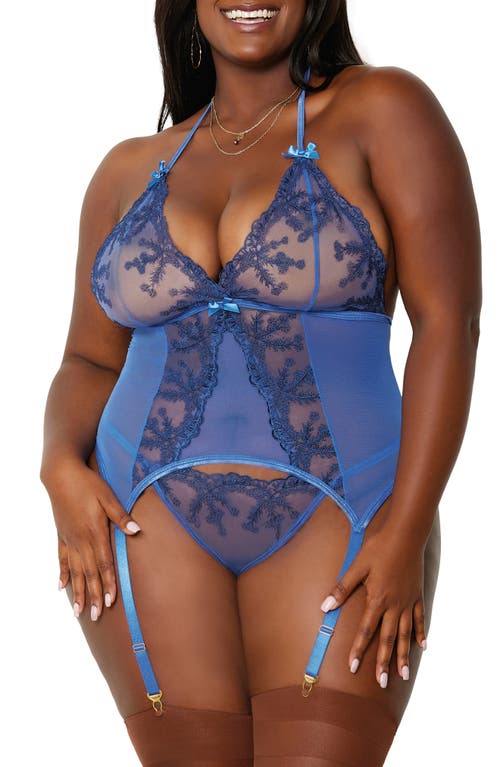 Lace Trim Mesh Basque with Garter Straps and G-String Thong in Periwinkle