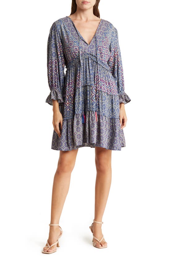 Angie V-neck Tiered Skirt Dress In Ivory-blue