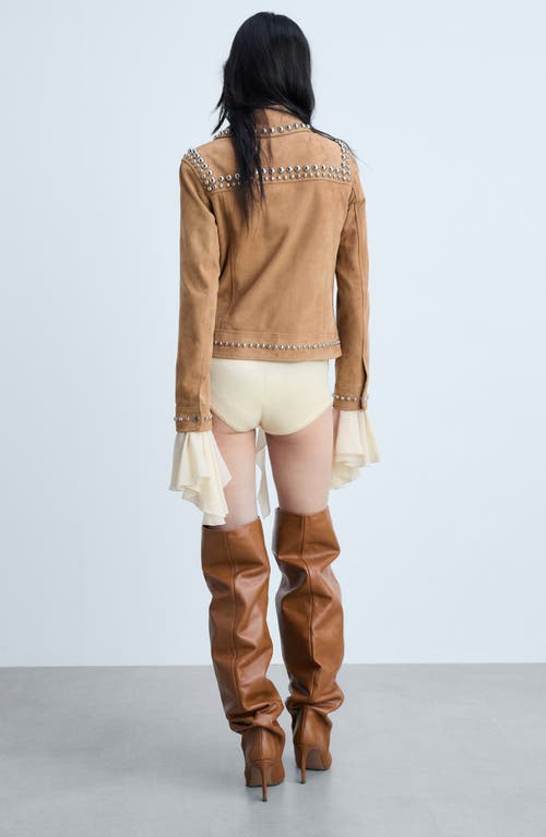 Shop Mango Ashley Studded Leather Jacket In Light Beige