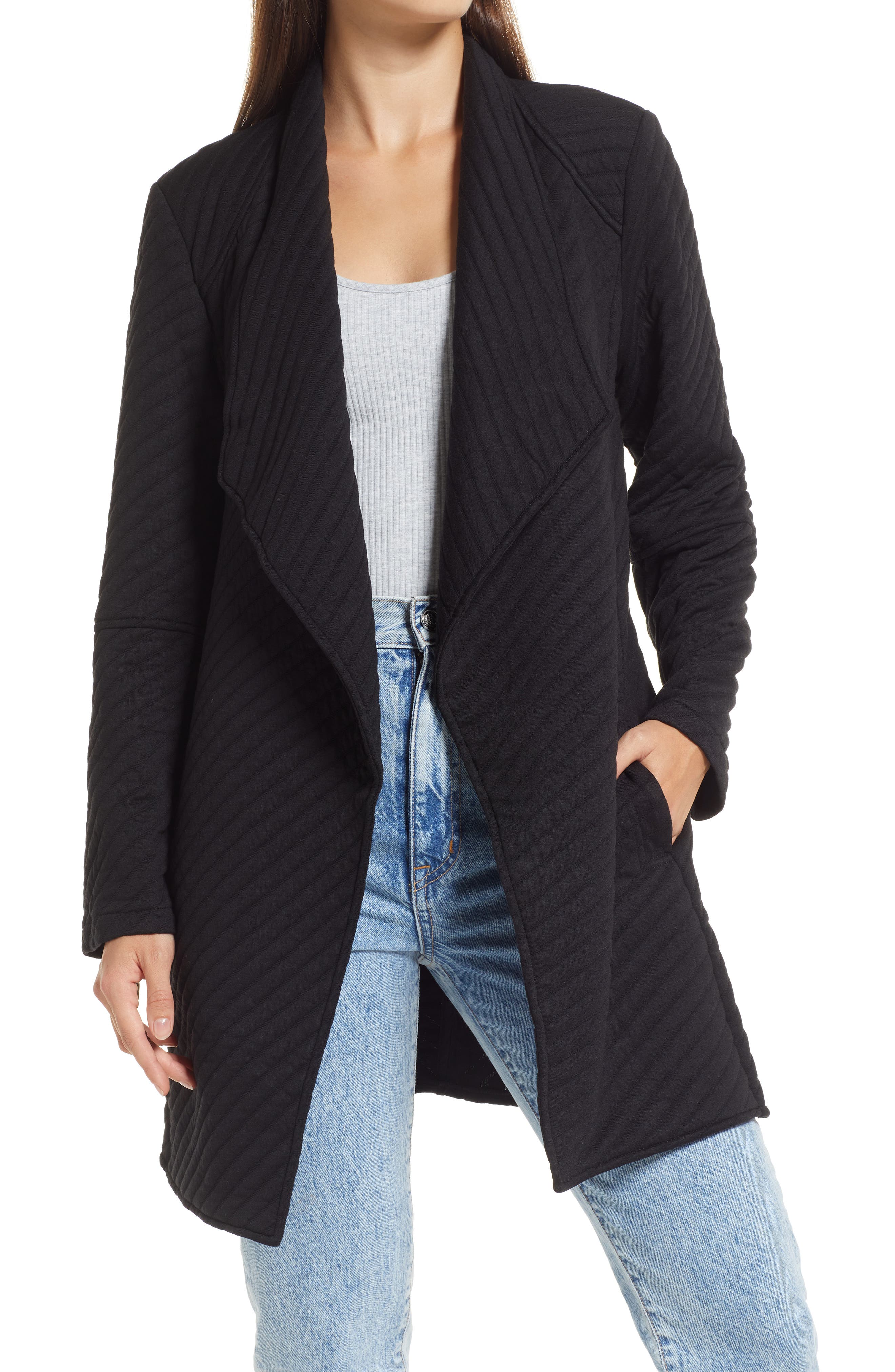draped open front jacket