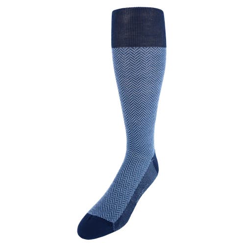 Shop Trafalgar Hunter Merino Wool Herringbone Mid-calf Socks In Navy With Light Blue