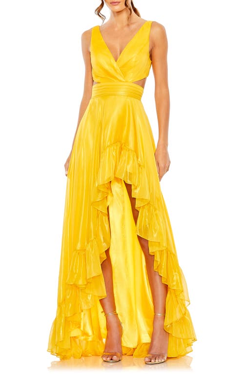 Ieena for Mac Duggal Metallic Cascade Detail A-Line Gown in Marigold