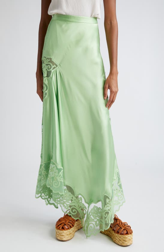 Shop Ulla Johnson Avalon Lace Trim Silk Maxi Skirt In Celadon