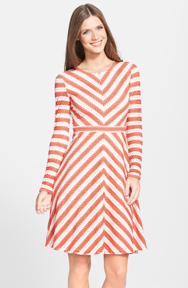 BCBGMAXAZRIA 'Kristina' Stripe Eyelet Fit & Flare Dress, Main, color, POPPY