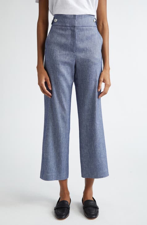 High-Waisted Chambray Cropped Linen-Blend Tapered Pants