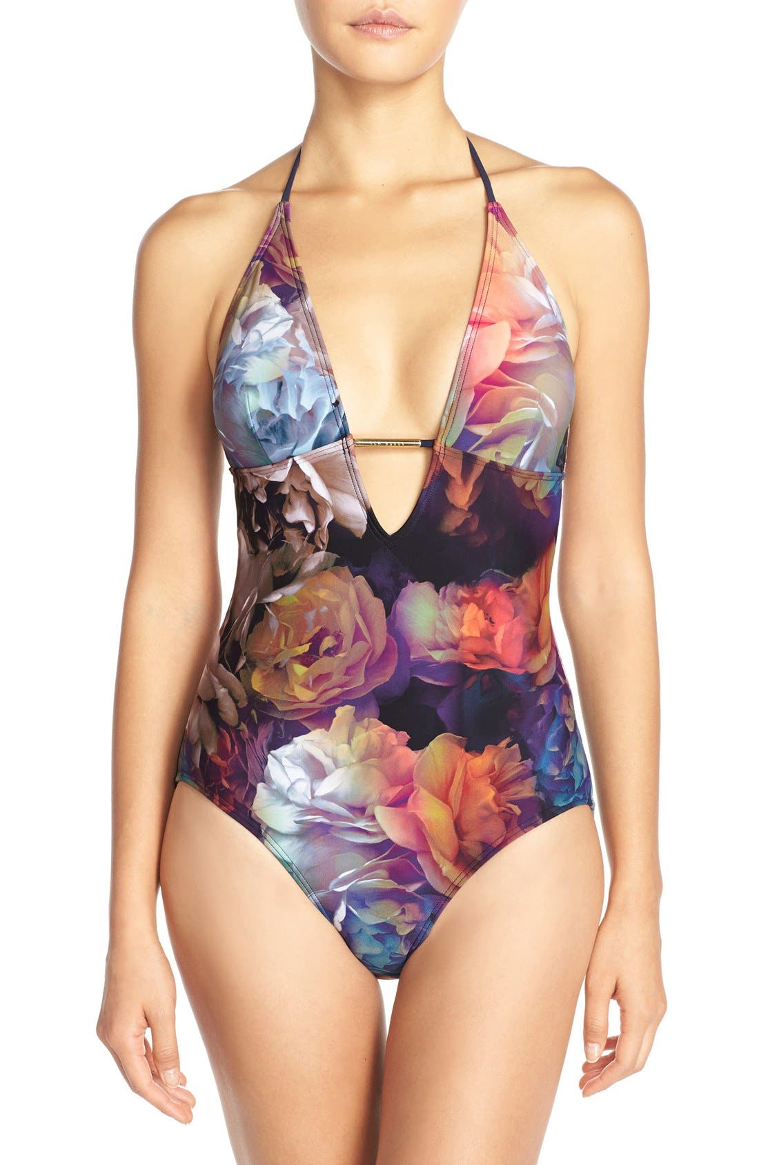 technicolor halter one piece swimsuit
