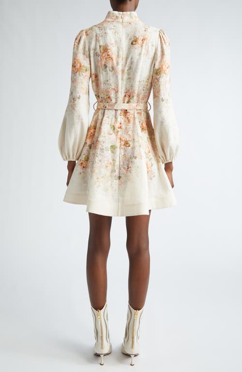 Shop Zimmermann Illustration Floral Long Sleeve Belted Linen Minidress In Cream Rococo Floral