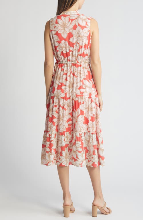 Shop Anne Klein Floral Sleeveless Tiered Midi Dres In Red Pear/bright White Multi